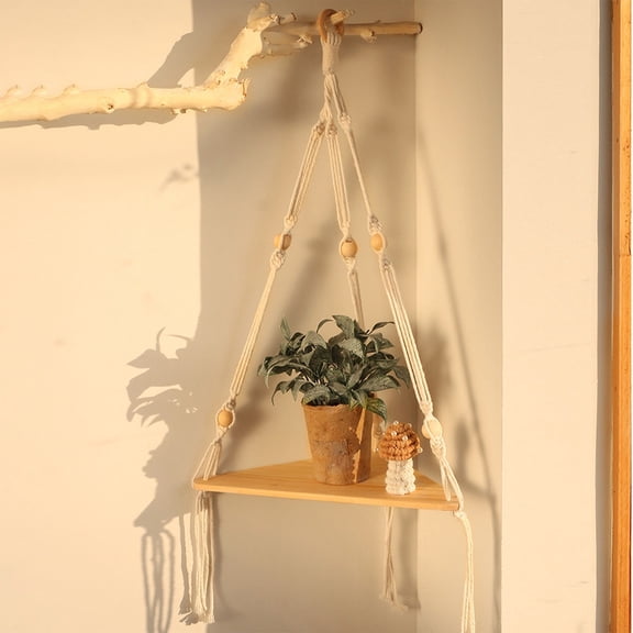 COM1950s Bohemian Macrame Shelf, Handwoven Rope and Wood Wall Corner Storage Organizer