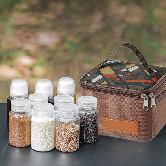 COM1950s Camping Spice Organizer 9-Piece Set,Portable Seasoning Bottles Kit with Funnels,Lightweight Reusable Storage Bag for Outdoors