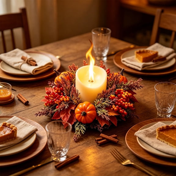 COM1950s Candle Ring Wreath, Fall Candle Wreath for Pillar Candles, Artificial Pumpkin and Berries, Table Centerpiece, Thanksgiving and Home Decor