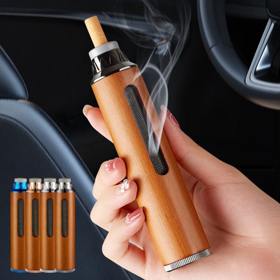 COM1950s Car Ashtray with Secure Lid - Walnut Wood Anti-Spill Vehicle Ash Tray for Cup Holders,No Flying Ash Design Portable Smoking Container for Drivers