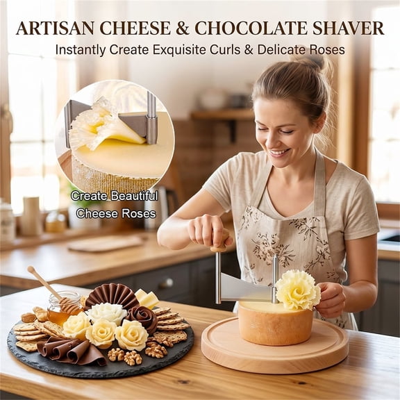 COM1950s Cheese Curler Wheel With Wood Base, Flower-Like Cheese and Chocolate Shredder for Home Entertaining, Charcuterie Boards, and Kitchen Use