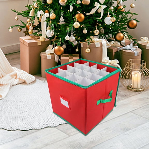 COM1950s Christmas Ornament Storage Box with 64 Compartments,Holiday Decoration Organizer with Adjustable Dividers and Zipper Closure for Easy Access and Seasonal Protection