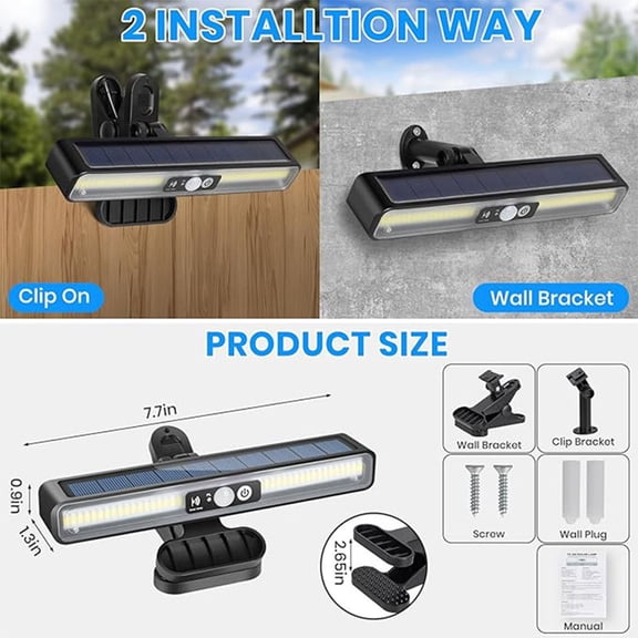 COM1950s Clip on Solar Motion Lights Outdoor Waterproof-Solar Gutter Lights,Solar Fence Lights Outside with 36Leds,3 Light Modes,Portable Solar Powered Security Light for Fence Garage Camping Driveway