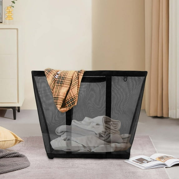 COM1950s Collapsible Laundry Baskets,Large Hanging Laundry Hamper Portable Foldable Laundry Basket Bag Mesh Gauze Dirty Clothes Hamper for Home,Dorm,Balcony,55*44*26Cm,Black
