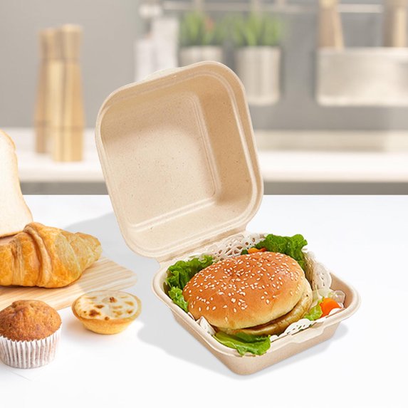 COM1950s Compostable Food Containers,Pulp Hamburger Boxes with Lids 50 Pack,7.1X7.1 Inch 4.5Oz Microwave Safe Clamshells,Leak Proof Disposable Bento Cake Containers for Takeout