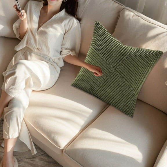COM1950s Corduroy Soft Decorative Throw Pillow Covers with Splicing 18X18 Inch Boho Striped Accent Throw Pillow Cases Set Cushion Cover for Couch Sofa Bed Living Room Pack of 2 Grey Gray,Army Green