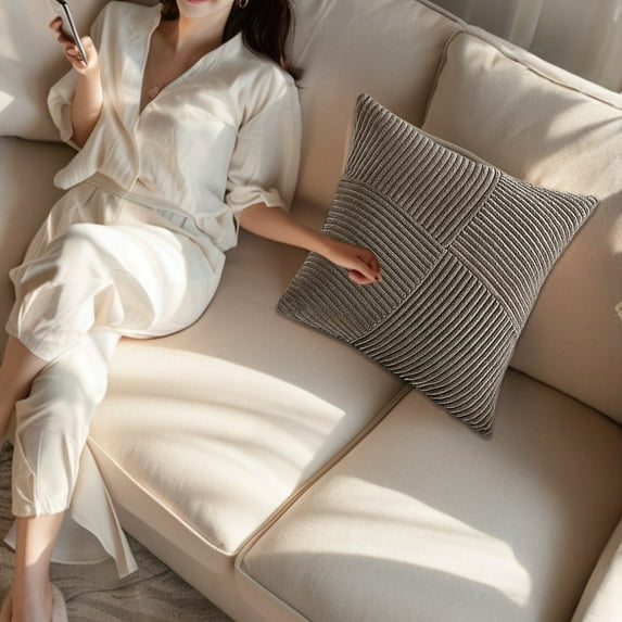 COM1950s Corduroy Soft Decorative Throw Pillow Covers with Splicing 18X18 Inch Boho Striped Accent Throw Pillow Cases Set Cushion Cover for Couch Sofa Bed Living Room Pack of 2 Grey Gray,Coffee