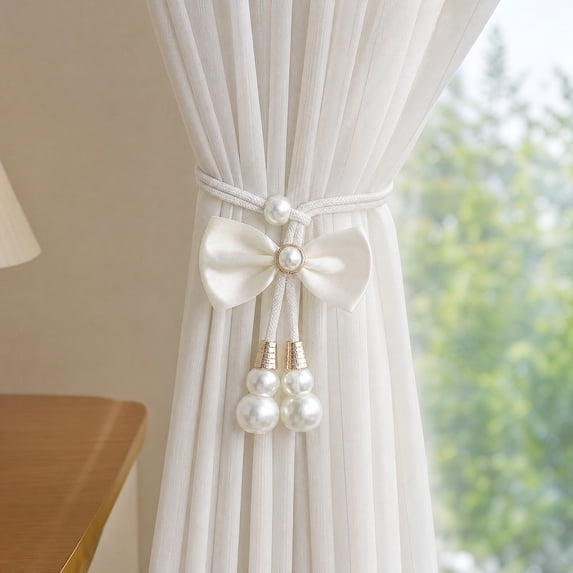 COM1950s Curtain Tiebacks with Bow and Bead Accents, Decorative Curtain Holdbacks for Window, Adjustable Tie Backs for Living Room, Bedroom