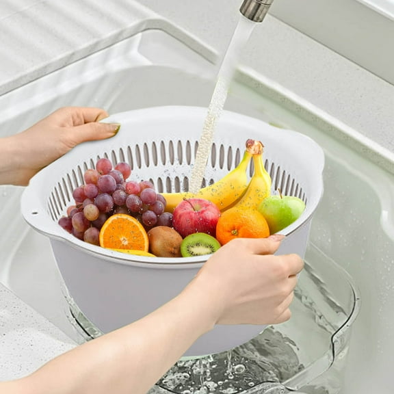 COM1950s Double Layer Vegetable Colander Basket,10 Inch Medium Size Kitchen Strainer with Drain Holes,Stackable Plastic Washing Bowl for Fruits and Salad,Non-Slip Handles Home Cooking