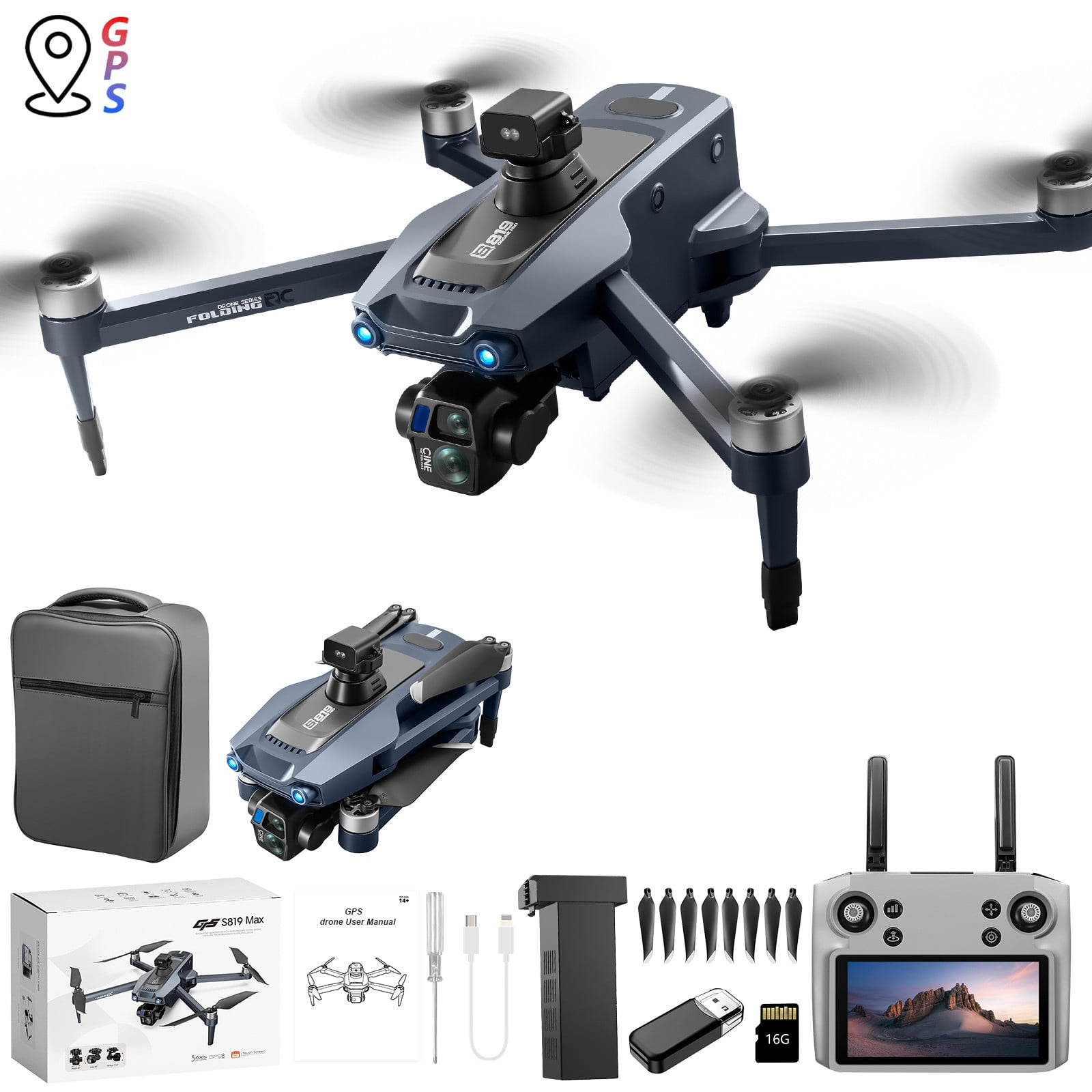 COM1950s Drone with Gps & 2.7K Camera,5 Inch Touch Screen Remote Control for Direct Viewing,Long Range 6000M Transmission with 5G,Foldable Design Featuring Laser Obstacle Avoidance,30Min Flight Time