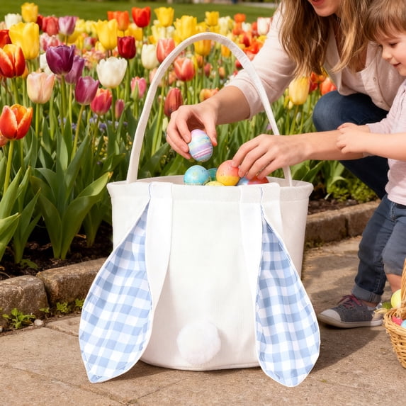 COM1950s Easter Basket with Bunny Ears,Foldable Handle Holiday Gift Basket,Perfect for Easter Egg Hunts and Home Storage