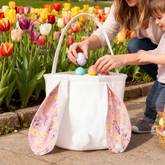 COM1950s Easter Basket with Bunny Ears,Foldable Handle Holiday Gift Basket,Perfect for Easter Egg Hunts and Home Storage
