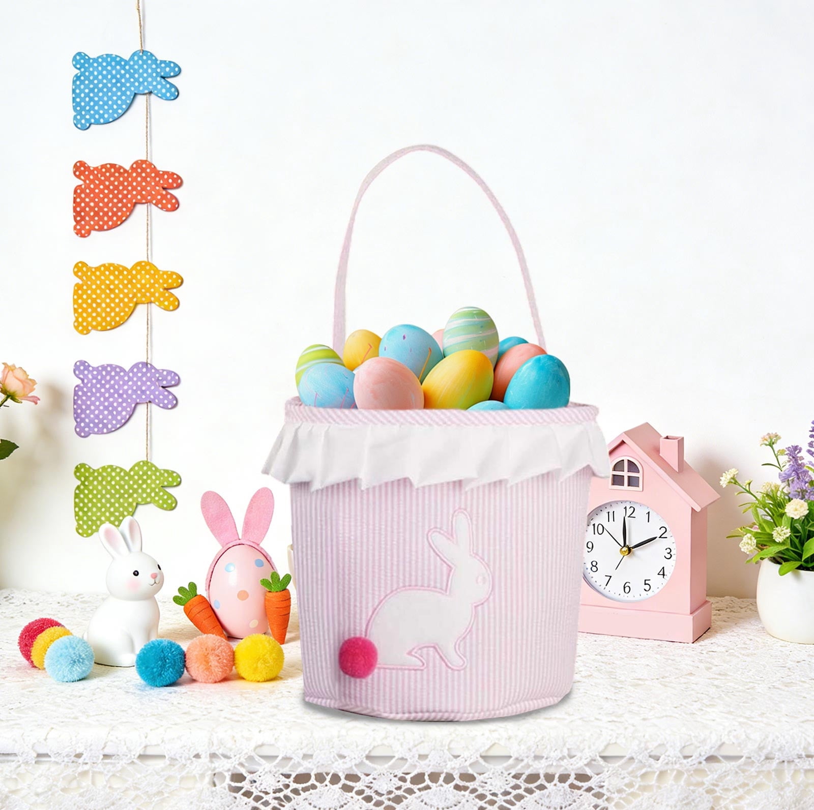 COM1950s Easter Bunny Storage Bag for Egg Hunt, Portable Foldable ...