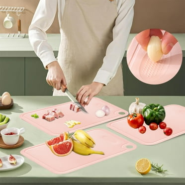 COM1950s Extra Large Cutting Boards,Plastic Cutting Boards for Kitchen Cutting Board Set Dishwasher Chopping Board with Juice Grooves & Grinding Area Easy-Grip Handles,Pink,9.8X7.2In