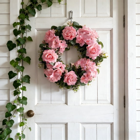 COM1950s Faux Floral Wreath for Front Door, 14-Inch Artificial Rose and Hydrangea Spring Decoration, White Pink Yellow Home Wreath for Year Round and Wedding