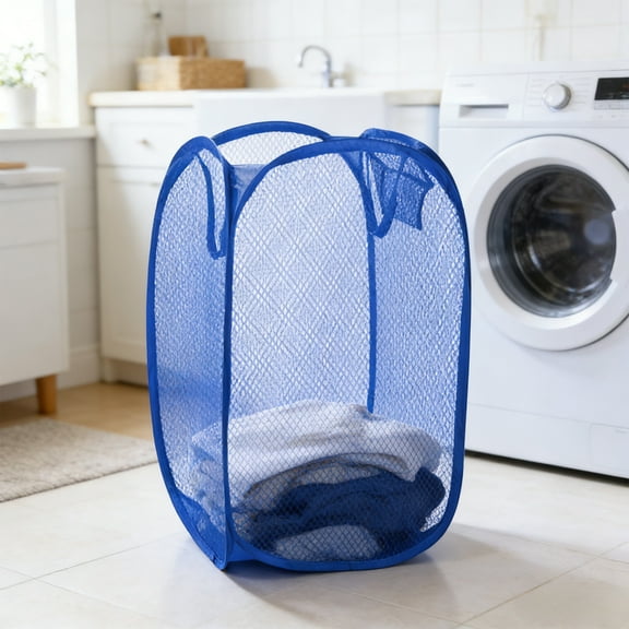 COM1950s Foldable Laundry Hamper, Mesh Laundry Basket with Side Pocket, Collapsible Spring Up Laundry Hamper for Dirty Clothes, Portable Storage Bag with Carry Handles, for Home, Travel, and Camping