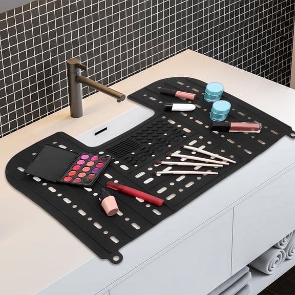 COM1950s Foldable Sink Cover Mat,Silicone Makeup Mat for Bathroom Countertop Extension,Textured Brush Cleaner Pad,Easy Install Space-Saving Design,Size 21.6X16.9X0.4In