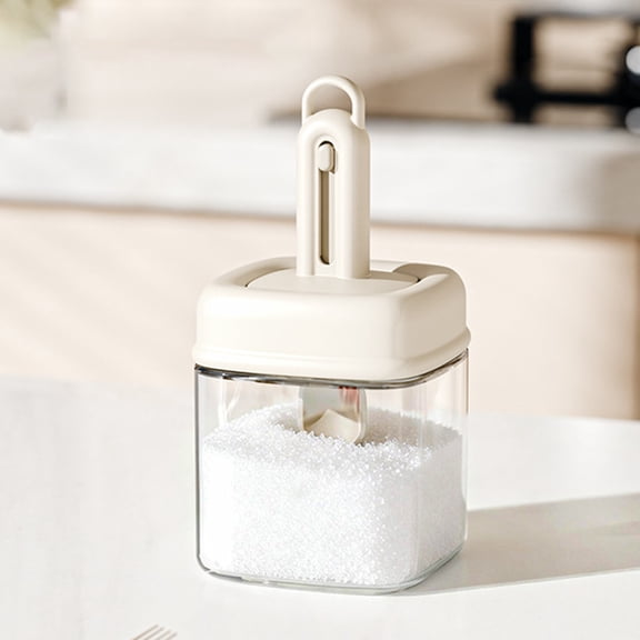 COM1950s Glass Spice Jar with Telescopic Spoon, Airtight Kitchen Storage Container for Dry Goods, Compact See-Through Organization Box, 5.4 Inch Height