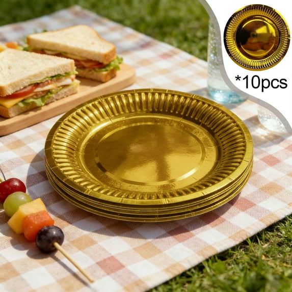 COM1950s Gold Paper Plates for Parties,Decorative Disposable Dessert Plates,7 Inch Square Paper Plates for Birthday Wedding Events,Set of 10