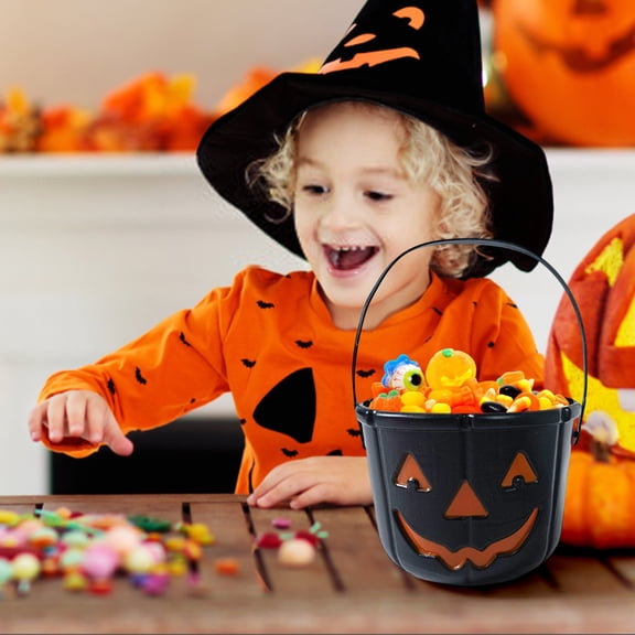 COM1950s Halloween Pumpkin Bucket,Candy Bucket with Practical Handle,Versatile Decor for Adults Halloween Parties,Featuring Smile Design,Compact Size 7.1X5.3 Inches