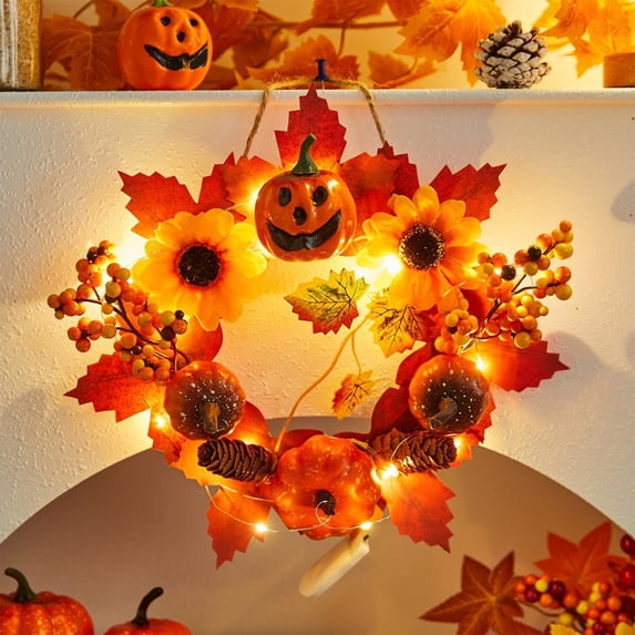 COM1950s Halloween Wreath,Fall Decor Pumpkin Wall Hanging with Maple Leaf Design,Ideal for Harvest Festival and Thanksgiving Scene Arrangement,Multi Purpose Door Or Table Decoration,Approx 12X11 In
