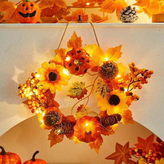 COM1950s Halloween Wreath,Fall Decor Pumpkin Wall Hanging with Maple Leaf Design,Ideal for Harvest Festival and Thanksgiving Scene Arrangement,Multi Purpose Door Or Table Decoration,Approx 12X11 In