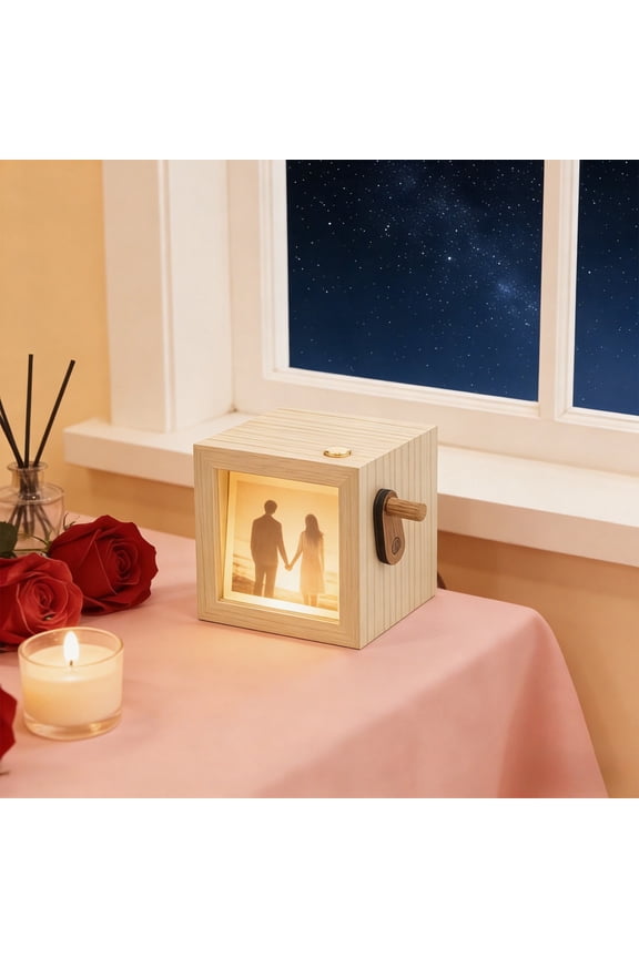 Hand Cranked Wooden Photo Box,Custom Glowing Memory Album for Couples Wedding Gift,Manual Flip Book Picture Frame with Led Light for Home and Office Decor