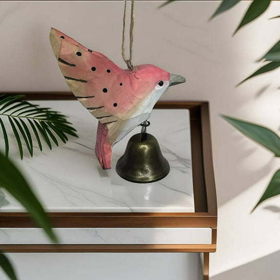 COM1950s Handcrafted Wooden Hummingbird Hanging Ornament with Bells,Garden and Home Decor,Wind Chime for Outdoor Patio