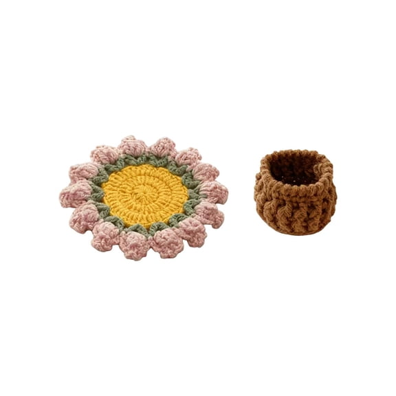 COM1950s Handmade Crochet Rose Coaster, Insulation Cup Mat and Knitted Storage Basket Set, Soft Yarn Desktop Decorative Ornament, Gift for Home Kitchen Table