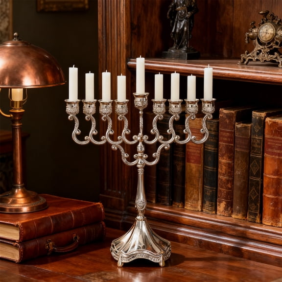 COM1950s Hanukkah Menorah,9 Branch Gold Plated Candle Holder for Chanukah and Shabbat,Decorative Alloy Menorah with Traditional Design for Jewish Holiday Ceremonies and Home Decor