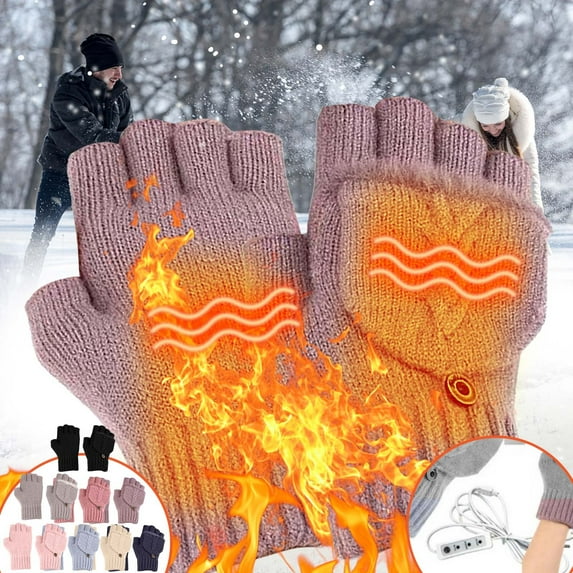 COM1950s Heated Fingerless Gloves,Womens & Mens Usb Heated Gloves Knitting Hands Full with Flip Top & Half Heated Fingerless Heating Warmer with Button Washable Design,Writing Typing Laptop Gloves