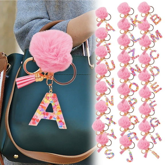 COM1950s Key Chains Women Cute- Letter Keychain,Letter A-Z Keychain Crystal Pink with Ball Pom Pom Key Ring for Women Backpack Handbags Cute Pendant,Llaveros Para Mujer