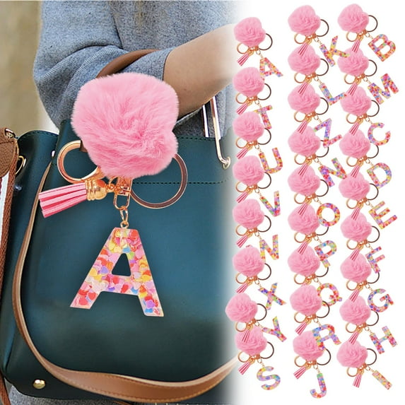 COM1950s Key Chains Women Cute- Letter Keychain,Letter A-Z Keychain Crystal Pink with Ball Pom Pom Key Ring for Women Backpack Handbags Cute Pendant,Llaveros Para Mujer