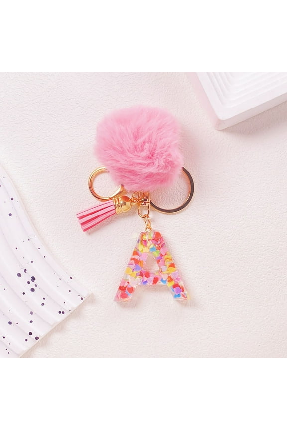 Key Chains Women Cute- Letter Keychain,Letter A-Z Keychain Crystal Pink with Ball Pom Pom Key Ring for Women Backpack Handbags Cute Pendant,Llaveros Para Mujer