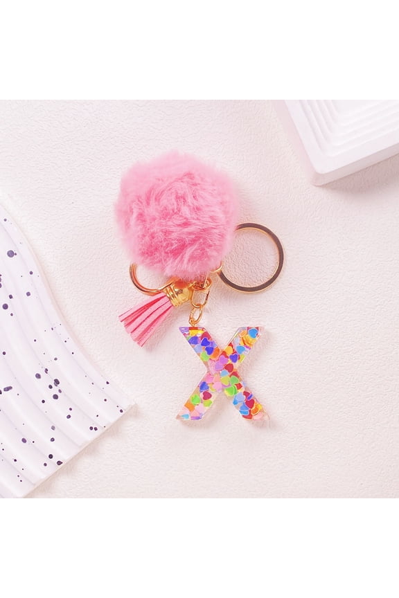 Key Chains Women Cute- Letter Keychain,Letter A-Z Keychain Crystal Pink with Ball Pom Pom Key Ring for Women Backpack Handbags Cute Pendant,Llaveros Para Mujer