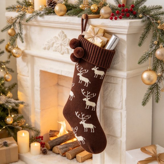 COM1950s Knitted Christmas Stocking, Large Christmas Stocking with Snowflake Deer Jacquard and Built in Hanging Loop, Holds 5+ Gifts Load Bearing, Fireplace Mantel Holiday Decor Gift Sock