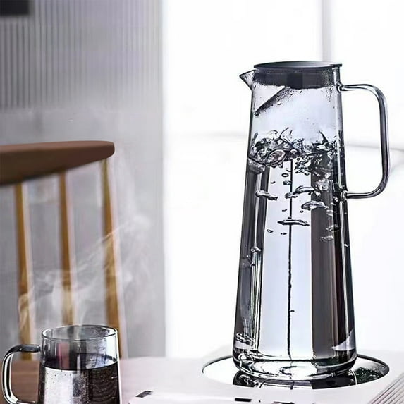 COM1950s Large Capacity Glass Pitcher,10 Inch Borosilicate Cold Water Pitcher for Refrigerator,Iced Tea Jug with Push Lid & Sturdy Handle,Beverage Dispenser for Lemonade and Infused Water