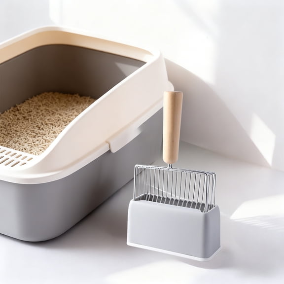COM1950s Large Cat Litter Scoop with Holder,Metal Sifting Shovel with Wooden Handle for Efficient Cleaning,Includes Storage Base for Multi-Cat Households and Standard Litter Boxes