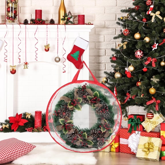 COM1950s Large Transparent Wreath Storage Bag,Round Holiday Decoration Organizer,with Carry Handle for Dust-Free Seasonal Protection