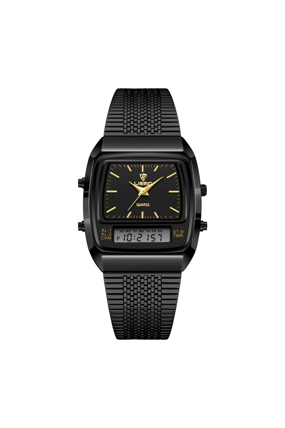 Mens Analog Digital Watch, Two Tone Stainless Steel Mesh Business Casual Waterproof Quartz Watch with Date, Stopwatch, Alarm