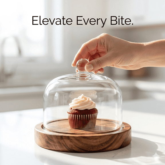 COM1950s Mini Glass Dessert Dome with Wooden Base, Elegant Display Stand with Lid, Versatile Serving Platter for Cakes, Pastries, and Home Gatherings