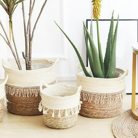 COM1950s Modern Hand Woven Planter Basket with Liner -Decorative Double Ear Oval Woven Plant Pot for Indoor/Outdoor Use,Perfect for Plants,Flowers,& Decorative Storage,Rustic Home Decor,6.3X6.3X8In