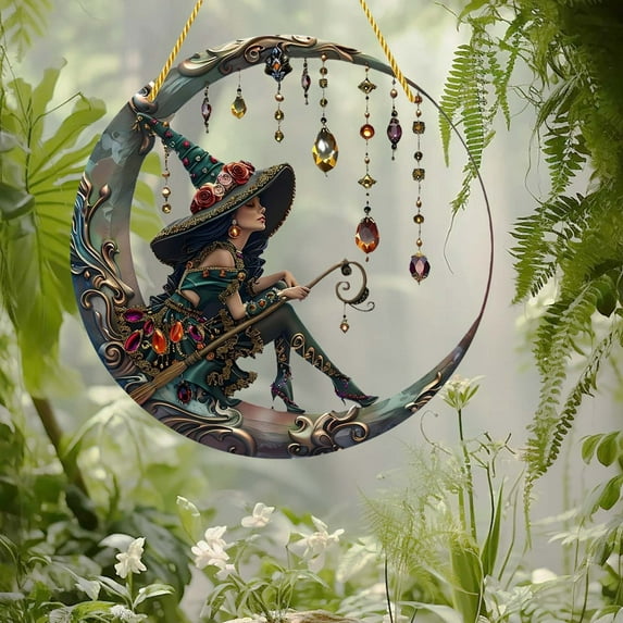 COM1950s Moonlight Witch Acrylic Sun Catcher Window Hanging - Stained Glass Art Panel with Sparkling Diamond Decor,Halloween Home Wall Decor for Indoor/Outdoor Use,Unique Gift for Friends and Family