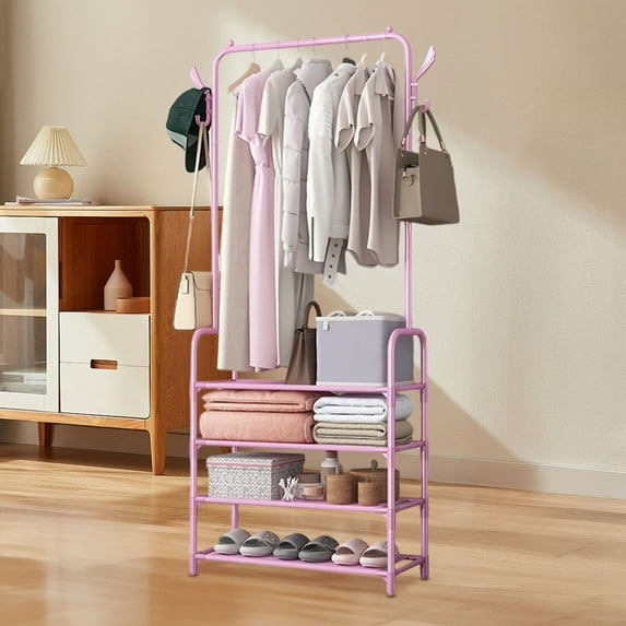 COM1950s Movable Clothing Rack,Wardrobe Organizer with Shelves and Hanging Rod,Portable Closet for Bedroom Entryway Hallway