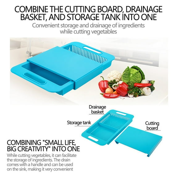 COM1950s Multi-Function Kitchen Cutting Board,Over the Sink Cutting Board with Strainer/Colander,3 in 1 Plastic Cutting Chopping Board with Drain Basket for Easier To Cut,Rinse,Hold and Drain Food