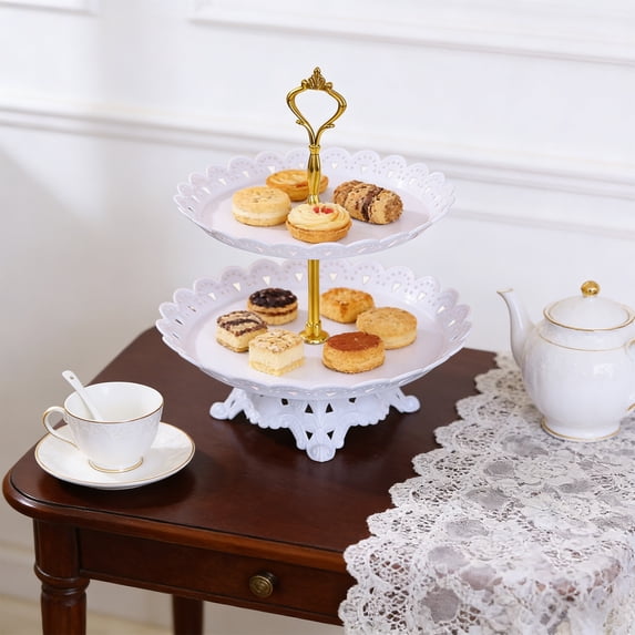 COM1950s Multi-layer Serving Tray, 2-Tier Plastic Dessert and Fruit Display Stand for Home, Wedding and Party Decor, Space-saving Design
