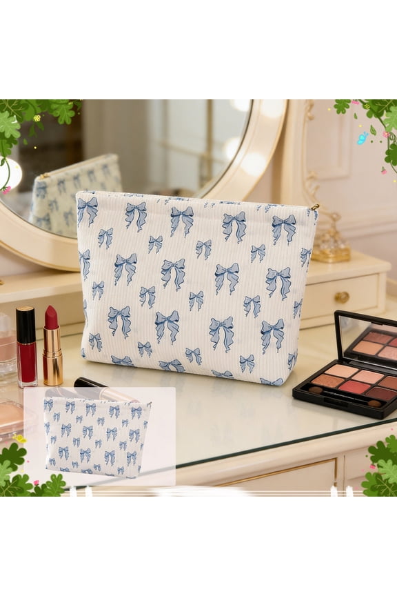 Portable Makeup Bag, Small Cosmetic Clutch with Bow Design, Travel Organizer for Women, Lightweight Handheld Purse for Essentials