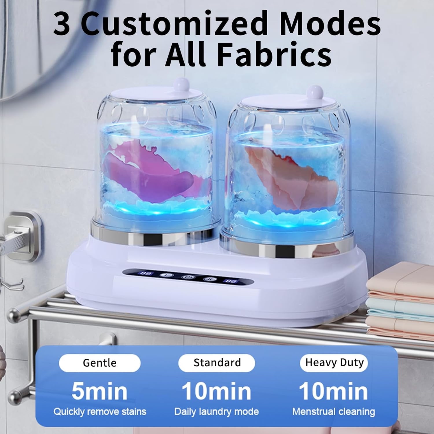COM1950s Portable Mini Washer, Compact 2L Mini Washing Machine with 3 Wash Modes, 8-Dimensional Turbine for Underwear, Socks, Delicate Clothes, Ideal for Apartment, Dorm, Travel, Camping