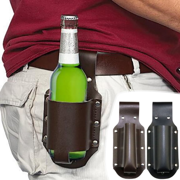 COM1950s Pu Leather Waist-Mounted Beer Sleeve - Hands-Free Bottle & Can Holder for Outdoor,Camping,Hiking (Black/Coffee)