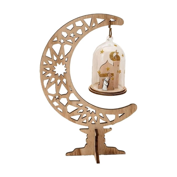 COM1950s Ramadan Decorations, Eid Mubarak Wooden Table Sign with Hollow Star Design, Islamic Holiday Home Accent for Mantle Shelf Desk Decoration